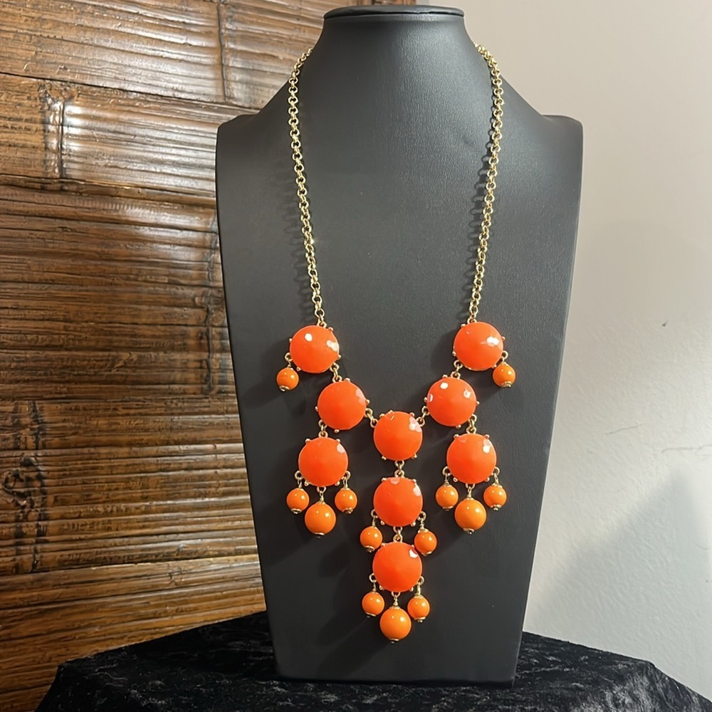 J. Crew Signed Bold Orange Bubble Chandelier Statement Necklace Gold Tone